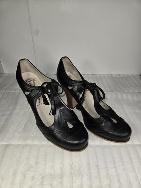 Fly London Black Leather Lace-Up T-Strap Heels